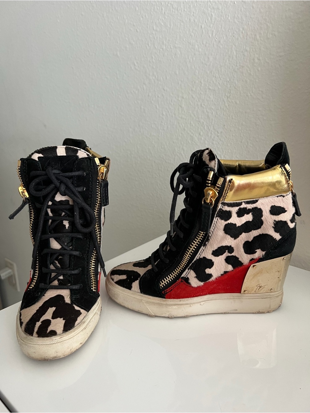 Giuseppe Zanotti Black, White & Red Leopard Wedge Sneakers with Gold Trim